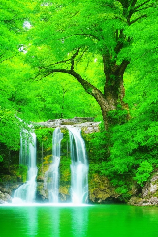 Waterfalls art with Ai DreamShaper_v5_Green_tree_Golden_mountain_Waterfalls_and_lakes_0