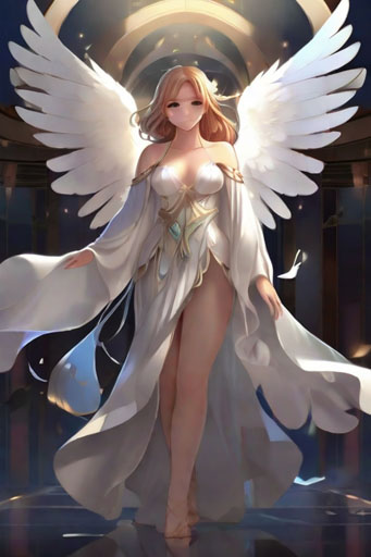 In the style of anime, a gorgeous curvaceous angelicprincess in a cloud sheer andfeather robe
