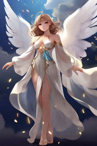 In the style of anime, a gorgeous curvaceous angelicprincess in a cloud sheer andfeather robe
