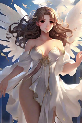 In the style of anime, a gorgeous curvaceous angelicprincess in a cloud sheer andfeather robe