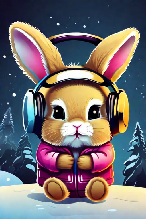 Cards and Stickers[cute baby bunny with earmuffs in winter wonderland sticker in a easy vector style, happy, glowing lights, no watermark, 8k, high detail, high resolution, comics, inking, graffiti art, graphic, golden ratio composition, 8k, black background, no watermark, intricate detail, high resolution]