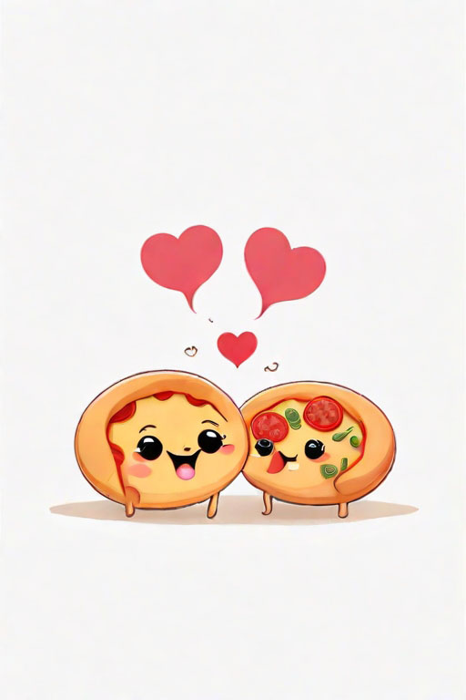 Cards and Stickers Write funny slogan for [cute illustration of two pizzas in love, simple minimal, white background]