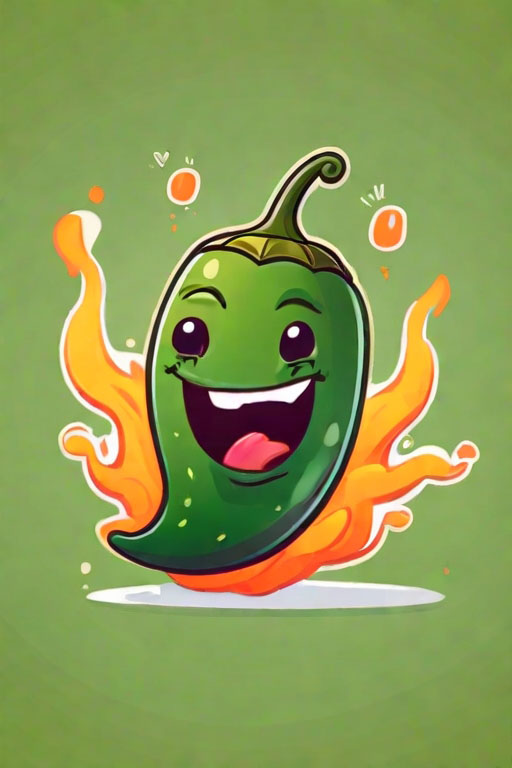 Cards and Stickers Write funny slogan for [cute illustration of a happy jalapeno, flaming hot, green background]