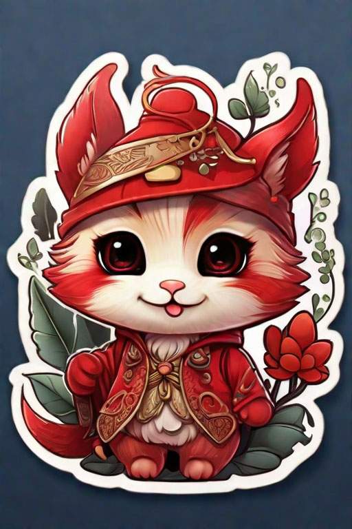 Cards and Stickers [funny sticker of a red chibi cute magical animal, intricate details, Toon Boom]