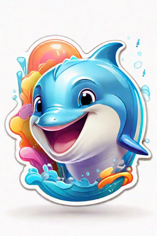 Cards and Stickers [sticker, A super cute baby pixar style dolphin, vector, white background]