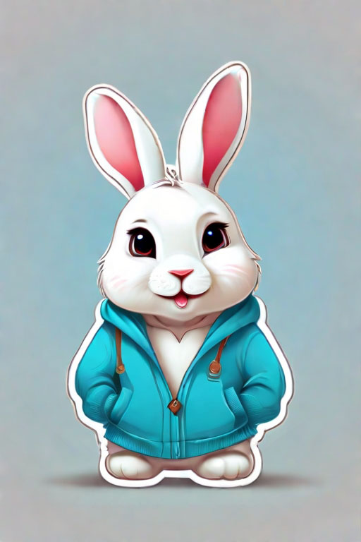 Cards and Stickers [sticker design, super cute babypixar style white rabbit, wearing a cyan sweater, vector, white background]