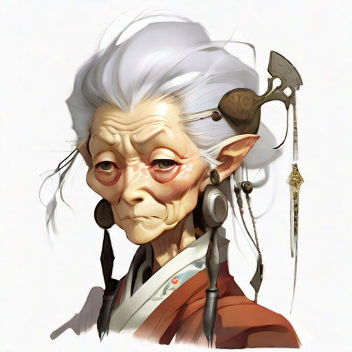 wizened old female for tune teller, head, close up character design, multiple concept designs, concept design sheet, white background, style of Yoshitaka Amano
