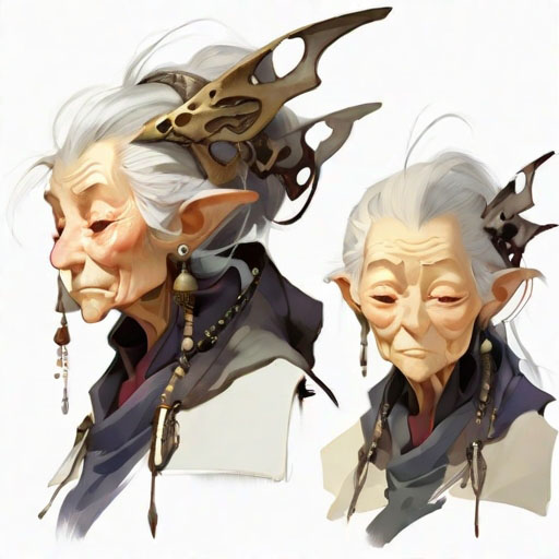 wizened old female for tune teller, head, close up character design, multiple concept designs, concept design sheet, white background, style of Yoshitaka Amano