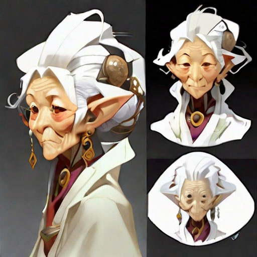wizened old female for tune teller, head, close up character design, multiple concept designs, concept design sheet, white background, style of Yoshitaka Amano