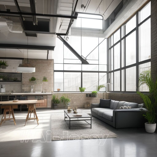 Interior Design, a perspective of a creative loft, large windows with natural light, industrial ceiling, modern furniture, skylight, modern minimalistic design