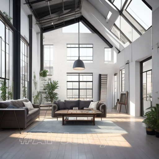 Interior Design, a perspective of a creative loft, large windows with natural light, industrial ceiling, modern furniture, skylight, modern minimalistic design