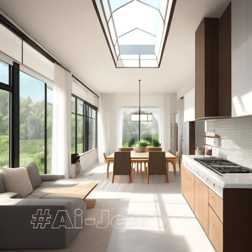 Interior Design, a perspective of a living room and a kitchen with an island, large windows with natural light, Light colors, vegetation, modern furniture, skylight, modern minimalistic design