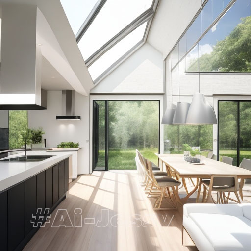 Interior Design, a perspective of a living room and a kitchen with an island, large windows with natural light, Light colors, vegetation, modern furniture, skylight, modern minimalistic design