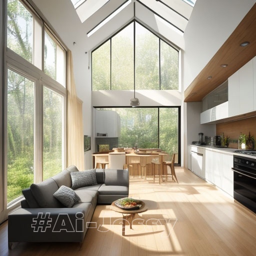 Interior Design, a perspective of a living room and a kitchen with an island, large windows with natural light, Light colors, vegetation, modern furniture, skylight, modern minimalistic design