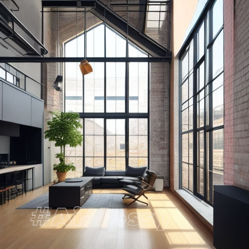 Interior Design, a perspective of a creative loft, large windows with natural light, industrial ceiling, modern furniture, skylight, modern minimalistic design