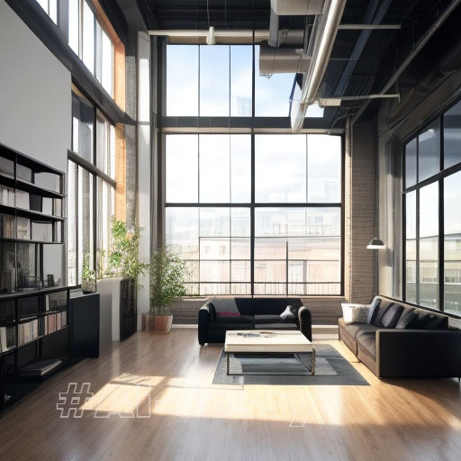 Interior Design, a perspective of a creative loft, large windows with natural light, industrial ceiling, modern furniture, skylight, modern minimalistic design