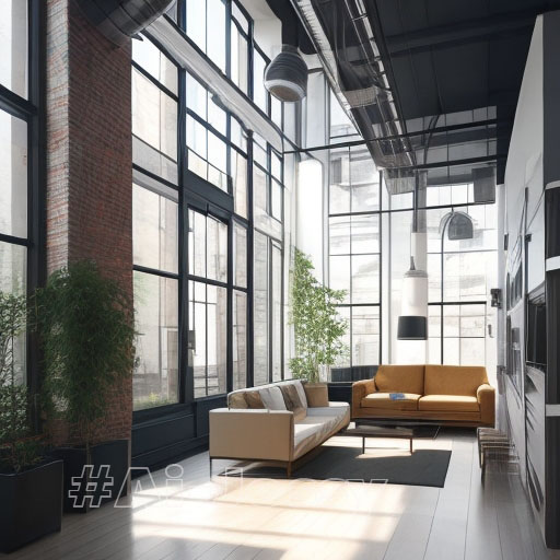 Interior Design, a perspective of a creative loft, large windows with natural light, industrial ceiling, modern furniture, skylight, modern minimalistic design