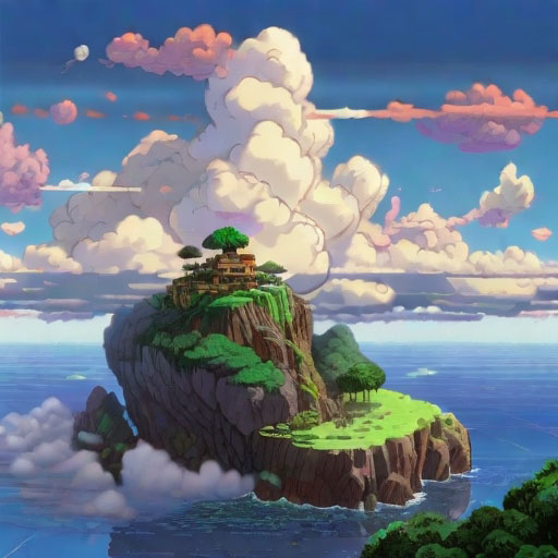 16 bit pixel art, island in the clouds, by studio ghibli, cinematic still, hdr