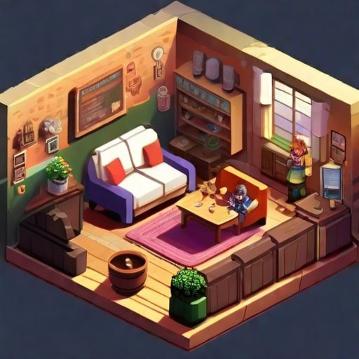 16 bit pixel art, isometric, cozytavern interior with cutecharacters, cinematic still, hdr