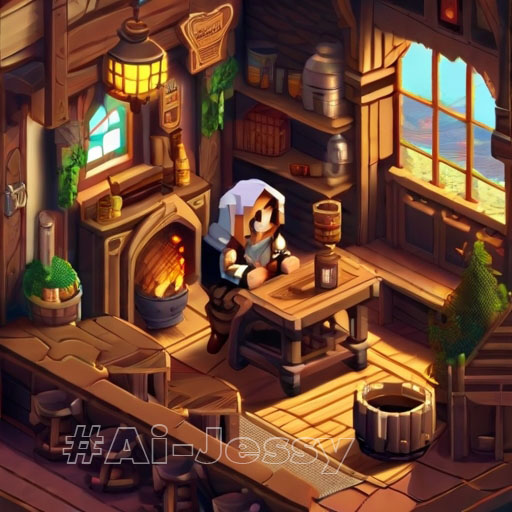 Pixel Art fantasy cozy tavern interior