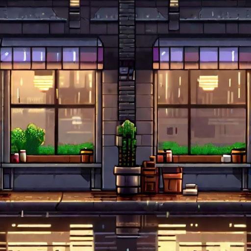16 bit pixel art, outside of acoffeeshop on a rainy day, lightcoming from windows,cinematic still, hdr