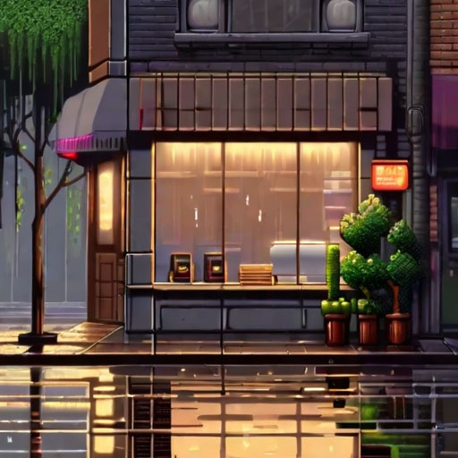 16 bit pixel art, outside of acoffeeshop on a rainy day, lightcoming from windows,cinematic still, hdr