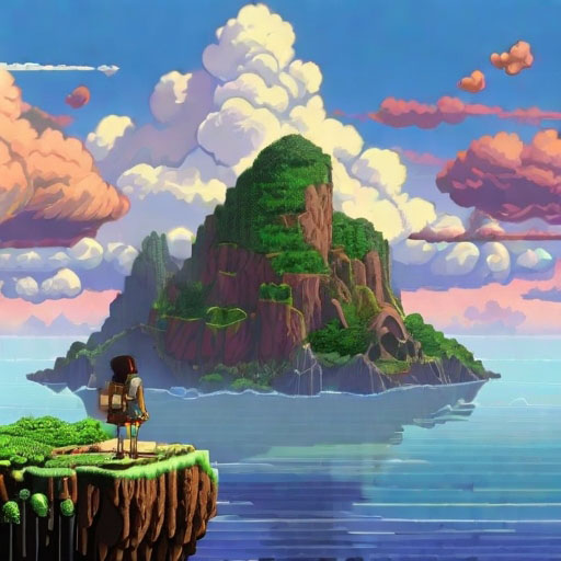 8 bit pixel art, island in the clouds, by studio ghibli, cinematic still, hdr