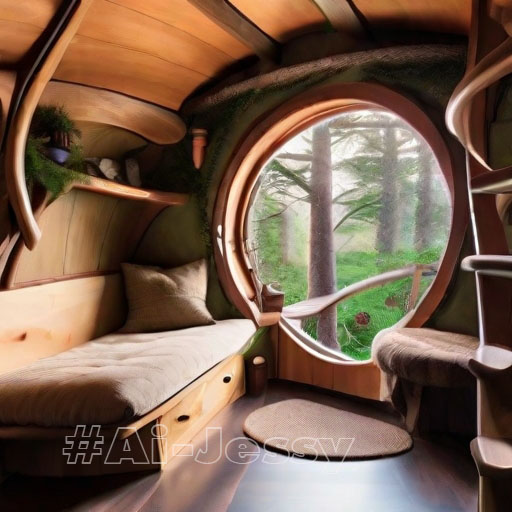 A hobbit house built into a towering tree,