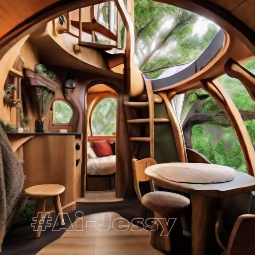 A hobbit house built into a towering tree,