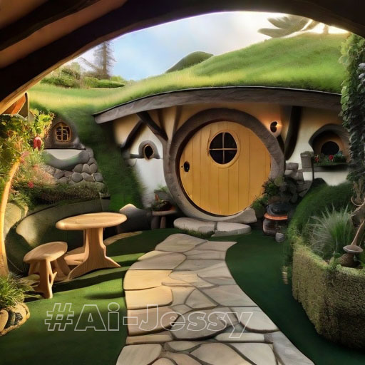 A whimsical hobbit house hidden among lush greenery