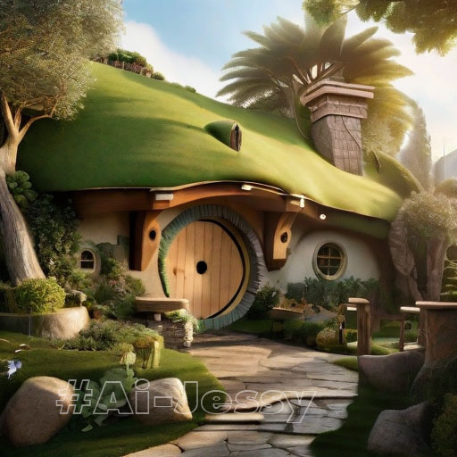 A whimsical hobbit house hidden among lush greenery