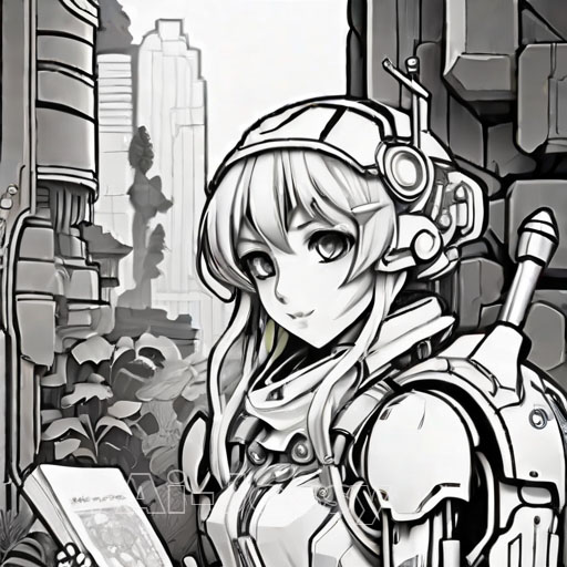 Anime robot, coloring book page, comic strips, adventurecore and girl