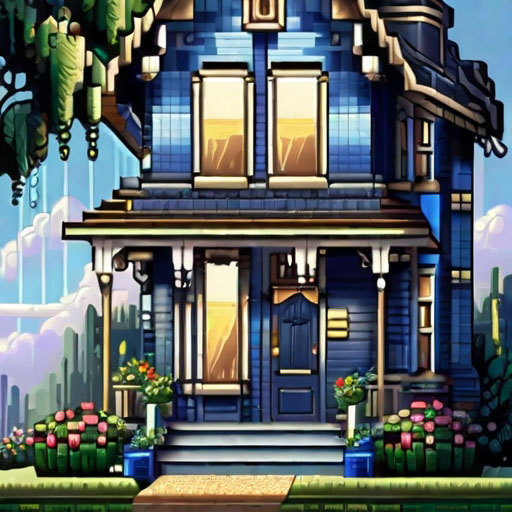 Pixel Art blue victorian house on thecountry side pixel art, 16 bit::2sunrays, accent lighting, bloomlighting, gentle rain