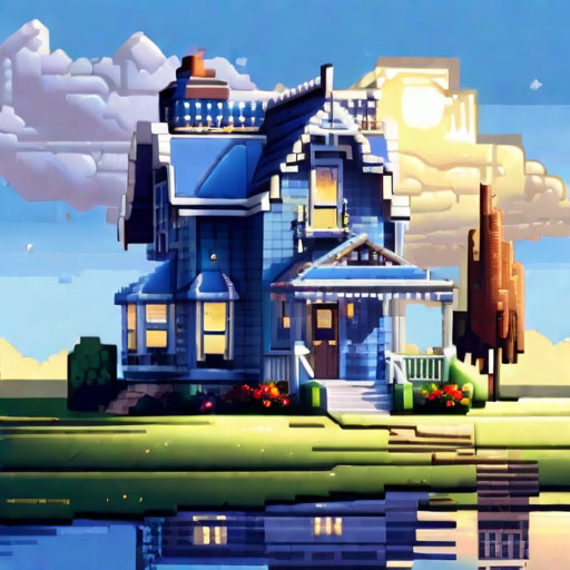 blue victorian house on thecountry side pixel art, 16 bit::2sunrays, accent lighting, bloomlighting, gentle rain