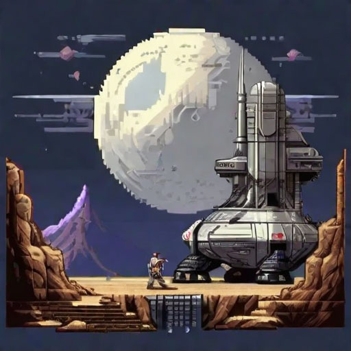 clean pixel art, moon base with rover, style of castlevania 1986