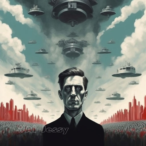 “1984” by George Orwell – A dark, dystopian illustration of Winston Smith in the clutches of the Thought Police, surrounded by the bleak and oppressive world of Oceania.