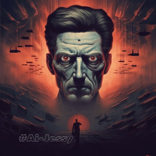 “1984” by George Orwell – A dark, dystopian illustration of Winston Smith in the clutches of the Thought Police, surrounded by the bleak and oppressive world of Oceania.