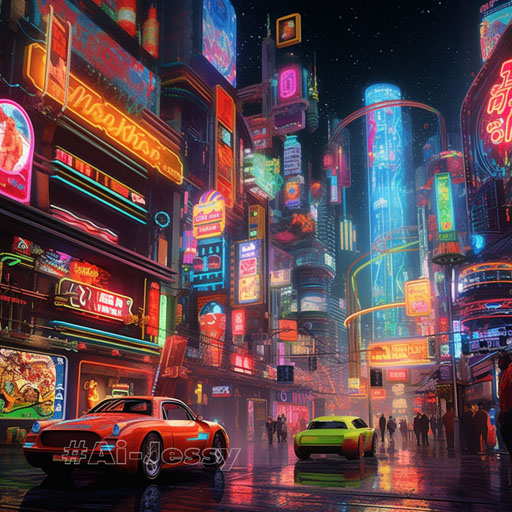 Scenes and landscapes “A futuristic cityscape inspired by Blade Runner, featuring flying cars and neon lights, with a twist – all the buildings are made of different popular candies and sweets like Skittles, M&Ms, and Kit-Kats.”