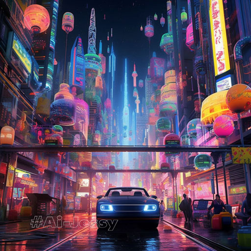 Scenes and landscapes “A futuristic cityscape inspired by Blade Runner, featuring flying cars and neon lights, with a twist – all the buildings are made of different popular candies and sweets like Skittles, M&Ms, and Kit-Kats.”