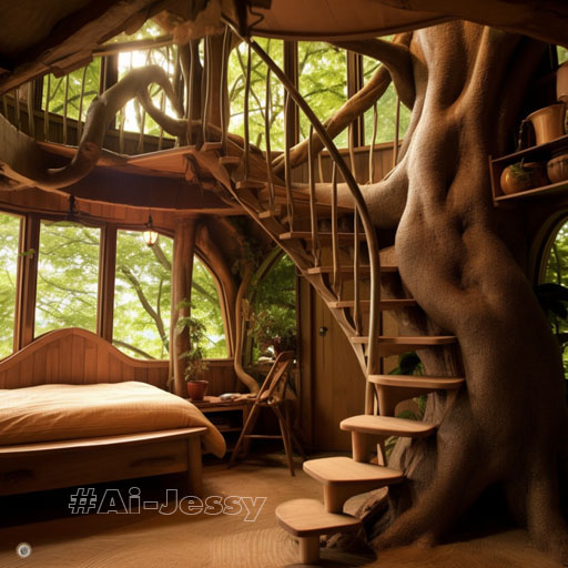 A hobbit house built into a towering tree,