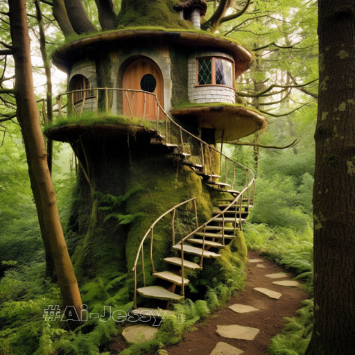 A hobbit house built into a towering tree,
