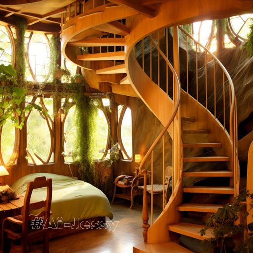A hobbit house built into a towering tree,