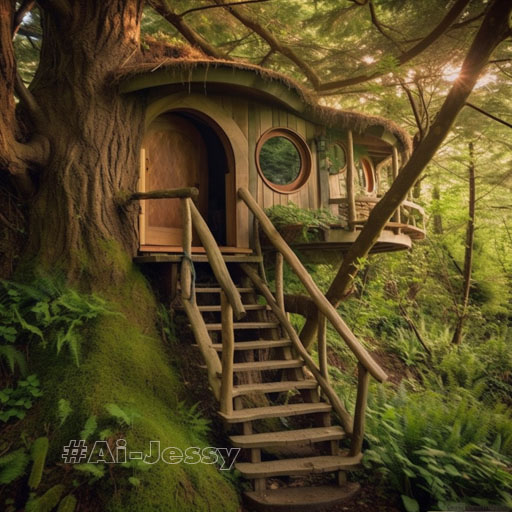 A hobbit house built into a towering tree,