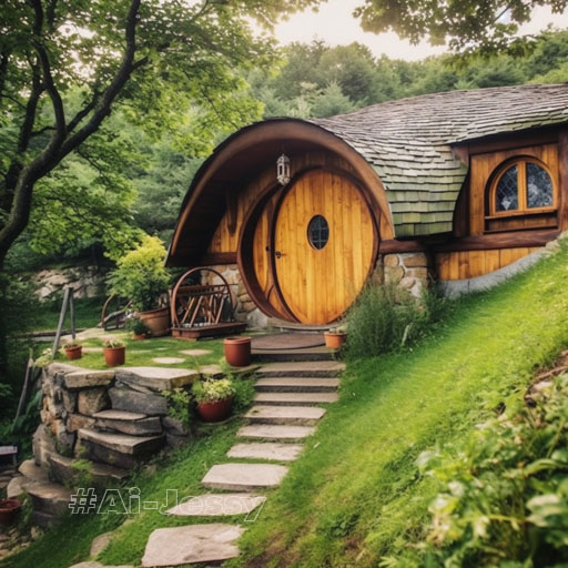 A hobbit house nestled into the side of a hill