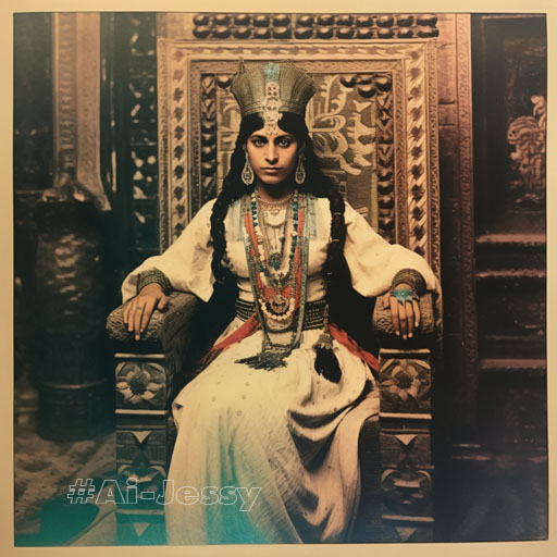 A polaroid photo of Cleopatra VII, the last Pharaoh of Ancient Egypt, sitting on her throne in Alexandria, 51 BC 