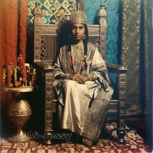A polaroid photo of Cleopatra VII, the last Pharaoh of Ancient Egypt, sitting on her throne in Alexandria, 51 BC 