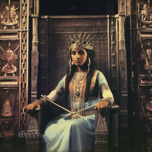 A polaroid photo of Cleopatra VII, the last Pharaoh of Ancient Egypt, sitting on her throne in Alexandria, 51 BC 
