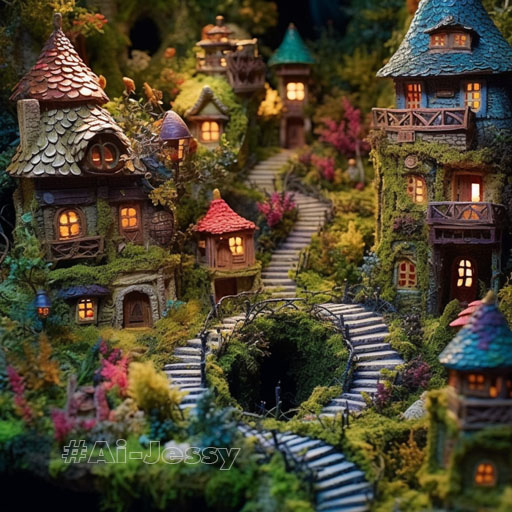Home Design Generate an enchanting image of quaint, whimsical houses tucked away in a vibrant jungle, exuding both a magical aura and a cozy Hobbit-like charm