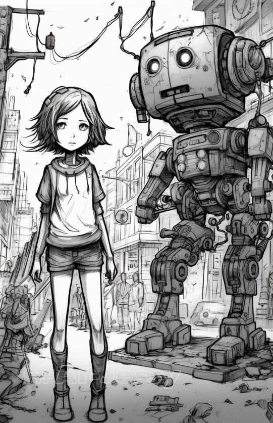 manga, Anime robot, coloring book page, comic strips, adventurecore and girl