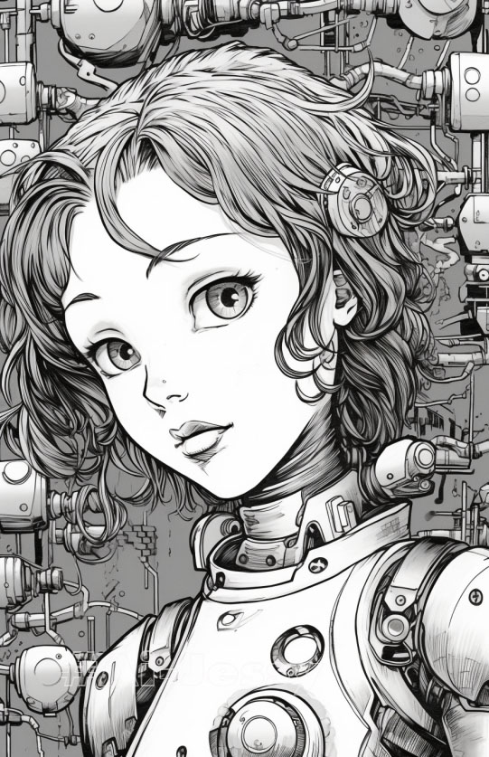 manga, Anime robot, coloring book page, comic strips, adventurecore and girl